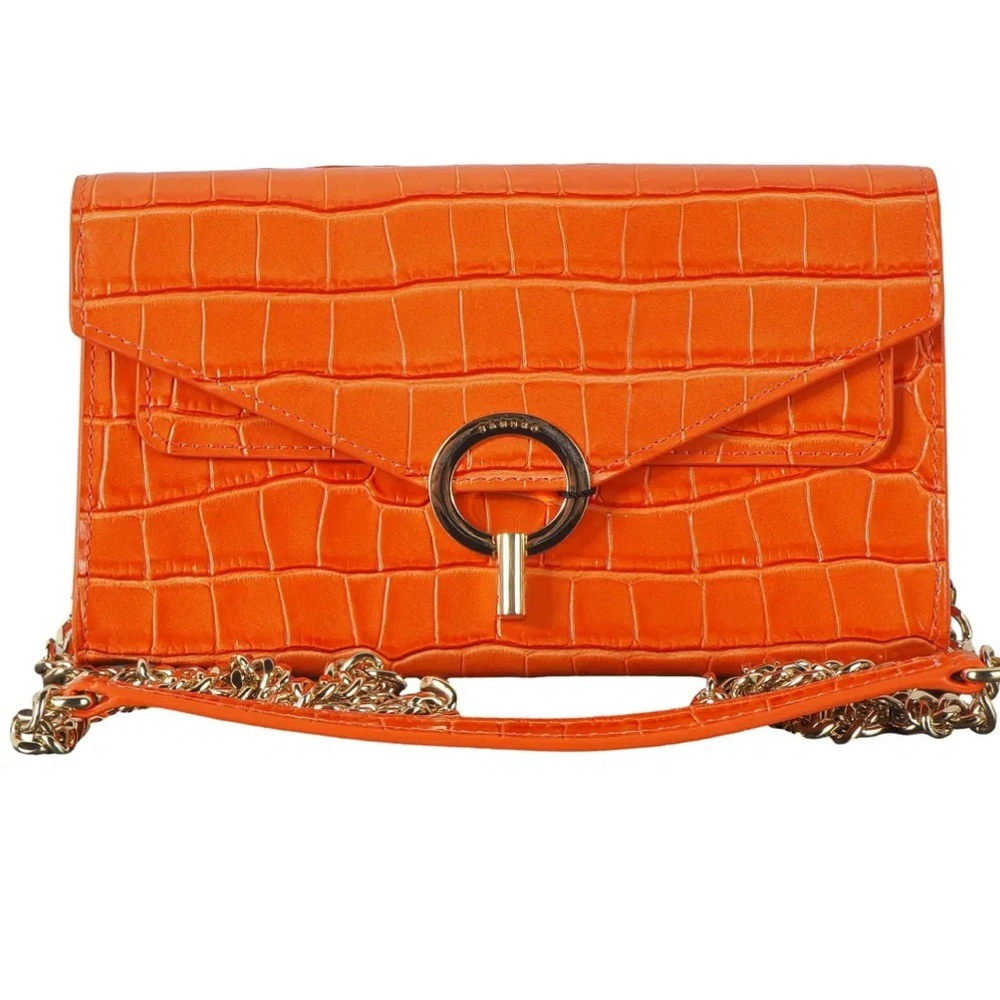 Sandro orange leather gold clasp front chain purse handbag crossbody